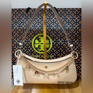 Tory burch Emerson charm Elegant Cream Shoulder Bag with Gold Accents